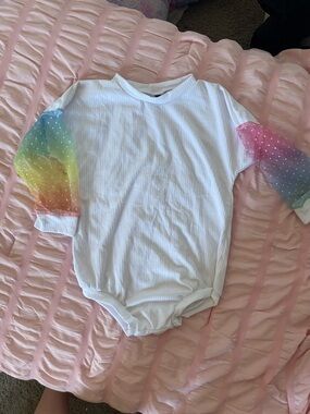 Baby Girls' White One-Piece with Rainbow Puff Dot Sleeves handmade NWOT